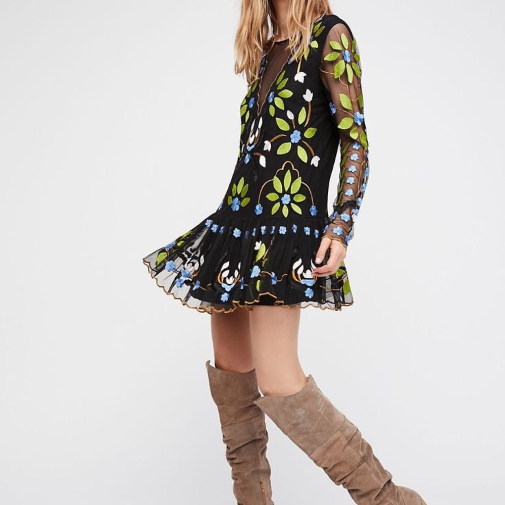 Free People Floral Embroidered Black Dress